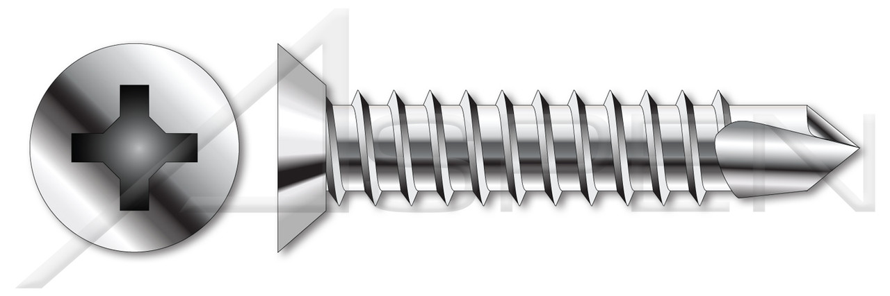 #10 X 1" Self Tapping Sheet Metal Screws with Drill Point, Flat Undercut Head with Phillips Drive, Stainless Steel