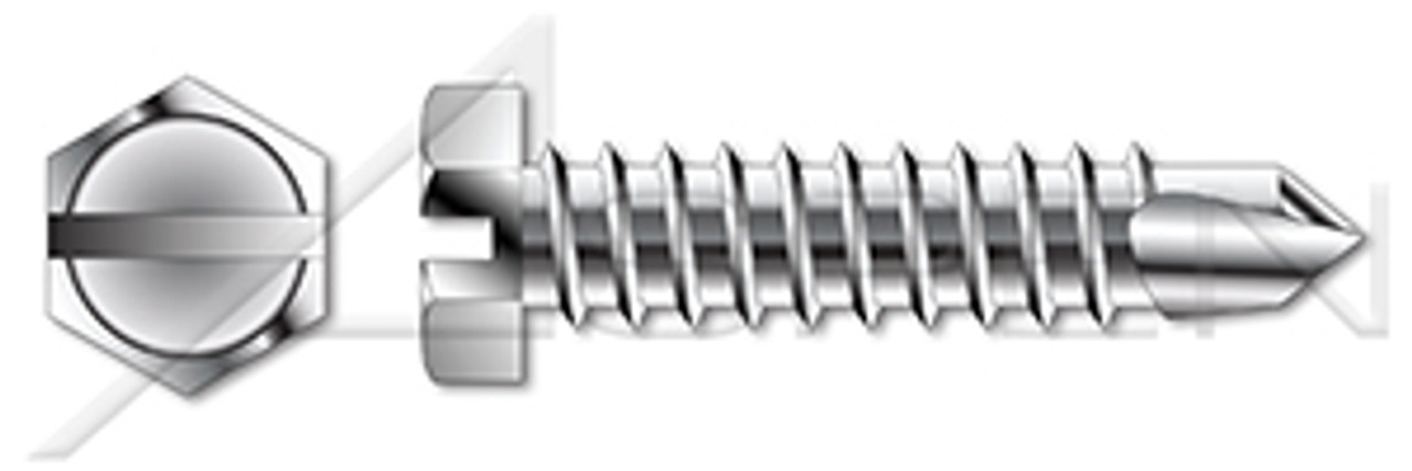 #10 X 1-1/4" Self-Drilling Screws, Hex Indented Washer, Slotted, AISI 410 Stainless Steel