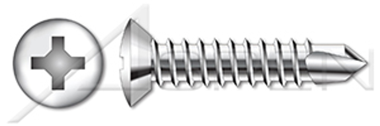#10 X 1/2" Self-Drilling Screws, Oval Undercut Phillips Drive, AISI 304 Stainless Steel (18-8)