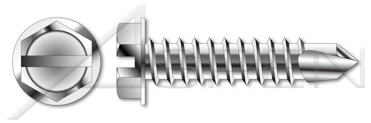 #10 X 1/2" Self Tapping Sheet Metal Screws with Drill Point, Indented Hex Washer Head with Slotted Drive, Stainless Steel #10 X 1/2" Self Tapping Sheet Metal Screws with Drill Point, Indented Hex Washer Head with Slotted Drive, Stainless Steel