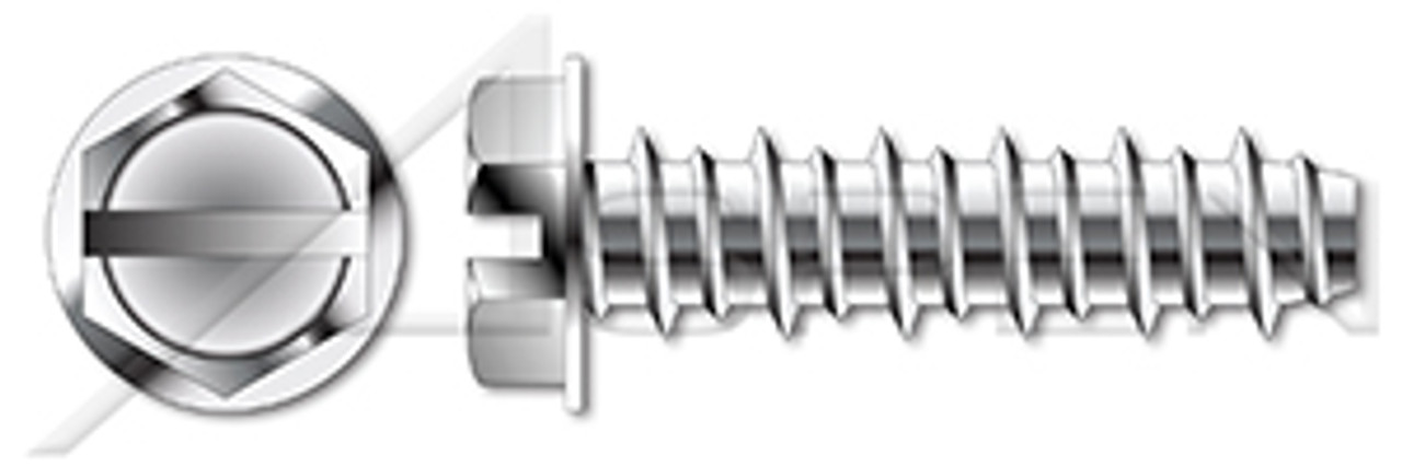 #10 X 1/2" Hi-Lo Self-Tapping Sheet Metal Screws, Hex Indented Washer, Slotted, Full Thread, AISI 304 Stainless Steel (18-8)