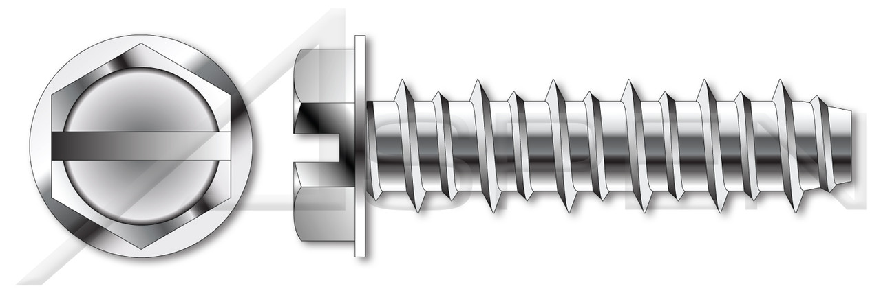 #10 X 3/4" Self Tapping Sheet Metal Screws with Hi-Lo Threading, Indented Hex Washer Head with Slotted Drive, Fully Threaded, Stainless Steel
