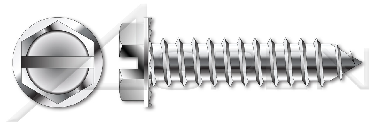 1/4" X 3/4" Type AB Self Tapping Sheet Metal Screws, Indented Hex Washer Head with Slotted Drive and Locking Serrations, Stainless Steel