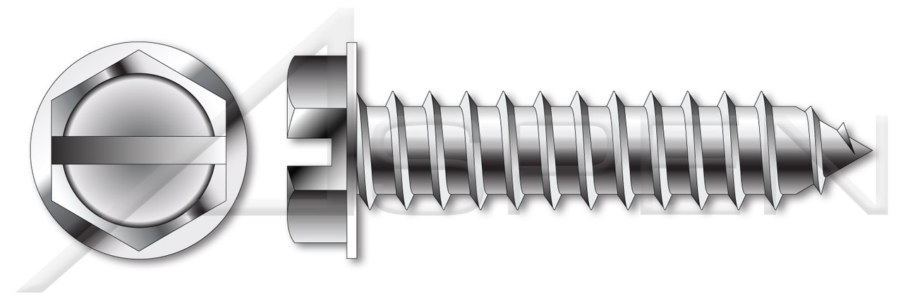 #14 X 1-3/4" Type AB Self Tapping Sheet Metal Screws, Indented Hex Washer Head with Slotted Drive, Stainless Steel