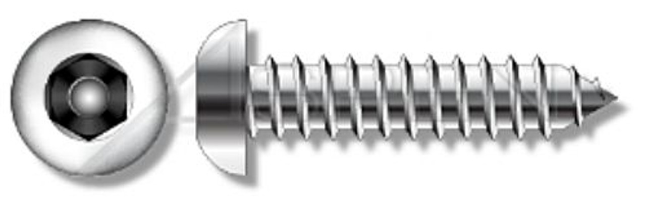 #12 X 1" Self-Tapping Sheet Metal Security Screws, Button Head Tamper Resistant Hex Socket Pin Drive, Type "AB", AISI 304 Stainless Steel (18-8), Includes Driver Bit