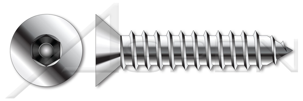#14 X 2" Self-Tapping Sheet Metal Security Screws, Flat Countersunk Head Tamper Resistant Hex Socket Pin Drive, Type "AB", AISI 304 Stainless Steel (18-8), Includes Driver Bit