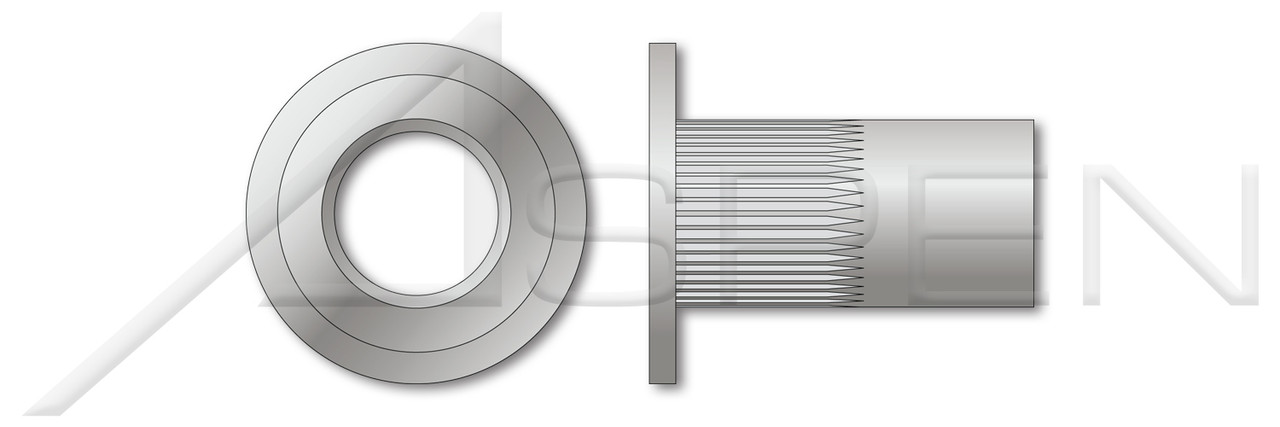 #10-24, Grip=0.130"-0.225" Blind Threaded Inserts, Large Flange, Flat Head, Open End, Thin Wall, Ribbed, Aluminum Alloy 5056