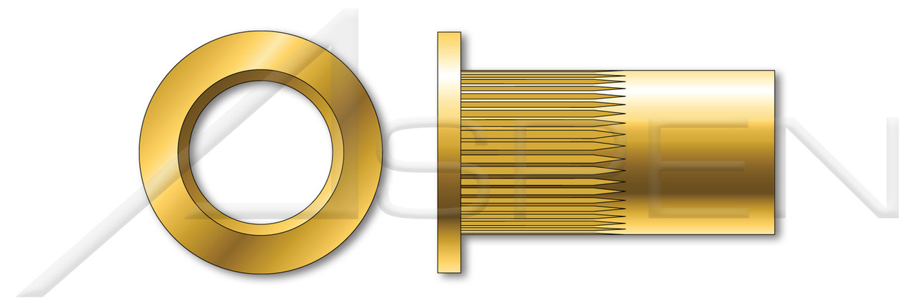 #6-32, Grip=0.020"-0.080" Blind Threaded Inserts, Small Flange, Small Head, Open End, Thin Wall, Ribbed, C1008-C1010 Steel, Steel, Yellow Zinc