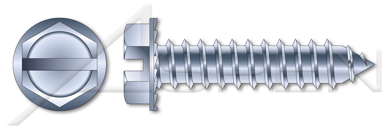 1/4"-14 X 1" Self-Tapping Sheet Metal Screws, Type "AB", Hex Indented Washer, Slotted, Serrated, Steel, Zinc Plated