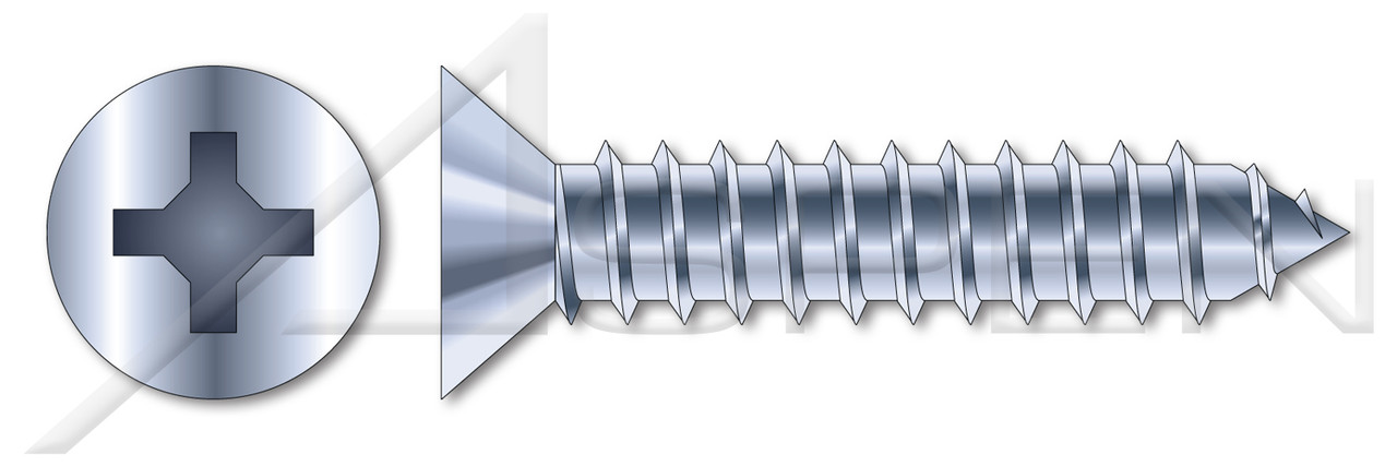 1/4"-14 X 2" Self-Tapping Sheet Metal Screws, Type "AB", Flat Phillips Drive, Steel, Zinc Plated and Baked