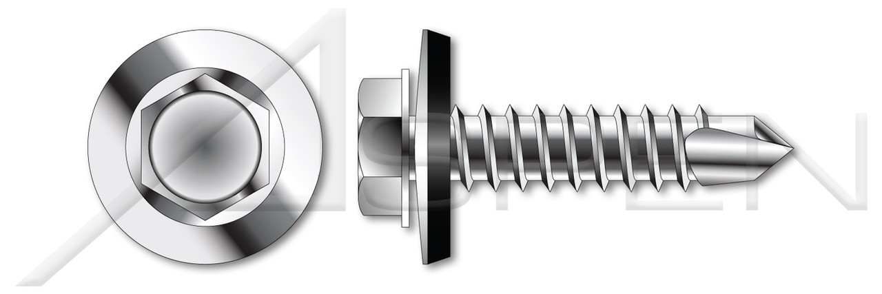 #14 X 2" Sheet Metal Self Tapping Screws with Drill Point, Indented Hex Washer Head with Sealing Washer, 410 Stainless Steel