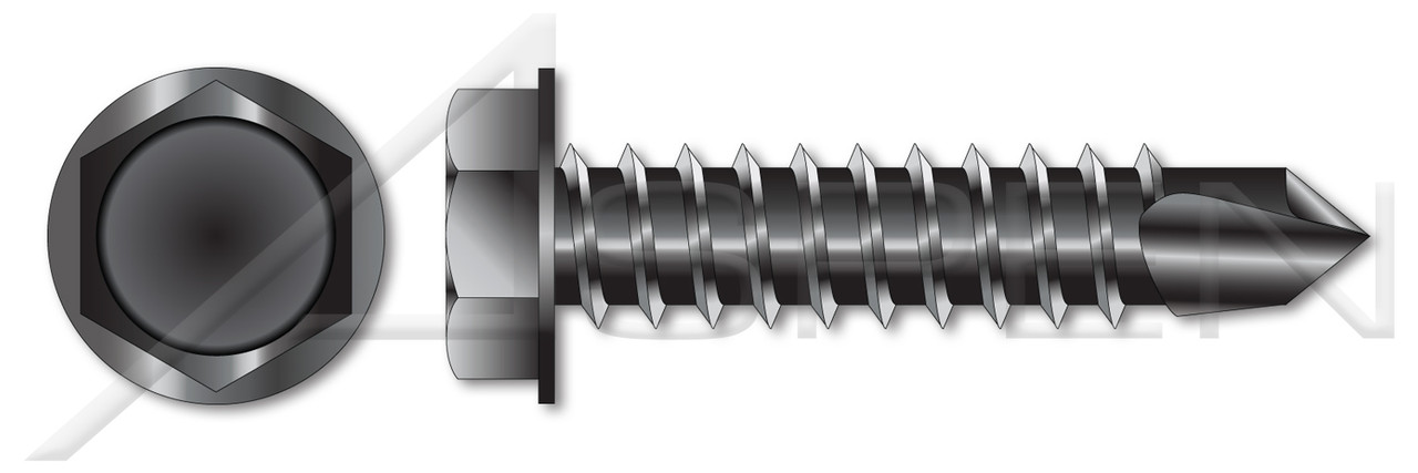 #12-14 X 1-1/2" Sheet Metal Self Tapping Screws with Drill Point, Indented Hex Washer Head, Steel, Black Zinc and Baked