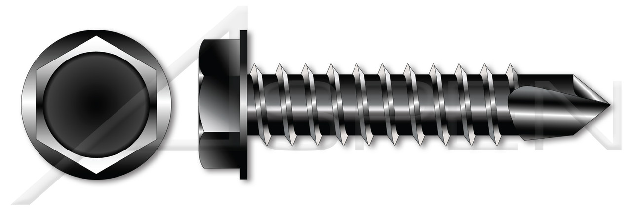 3/8"-12 X 1-1/2" Sheet Metal Self Tapping Screws with Drill Point, Indented Hex Washer Head, Black Oxide Coated Steel