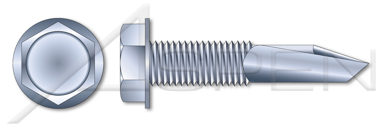 1/4"-20 X 3" Sheet Metal Self Tapping Screws with Drill Point, Indented Hex Washer Head, #5 Self-Drilling Point, Machine Screw Threading, Steel, Zinc Plated and Baked