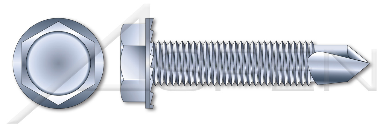 1/4"-20 X 1-1/2" Sheet Metal Self Tapping Screws with Drill Point, Indented Hex Washer Head with Locking Serrations, Machine Screw Threading, Steel, Zinc Plated and Baked