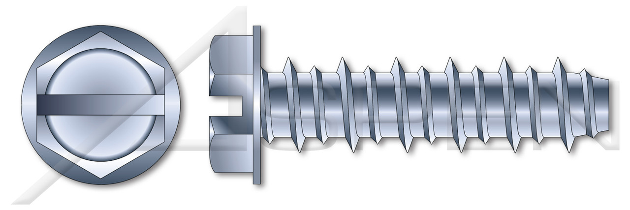 1/4"-15 X 3/4" Hi-Lo Self-Tapping Sheet Metal Screws, Hex Indented Washer, Slotted, Full Thread, Steel, Zinc Plated