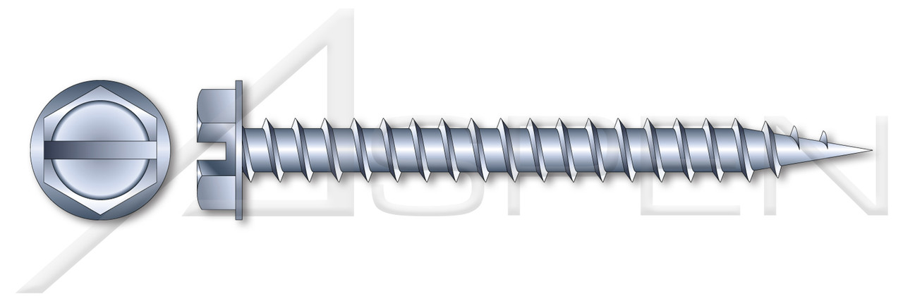 #10-12 X 1/2" Needle Point Self Piercing Screws, Indented 5/16" Hex Washer Head with Slotted Drive, Zinc Plated Steel
