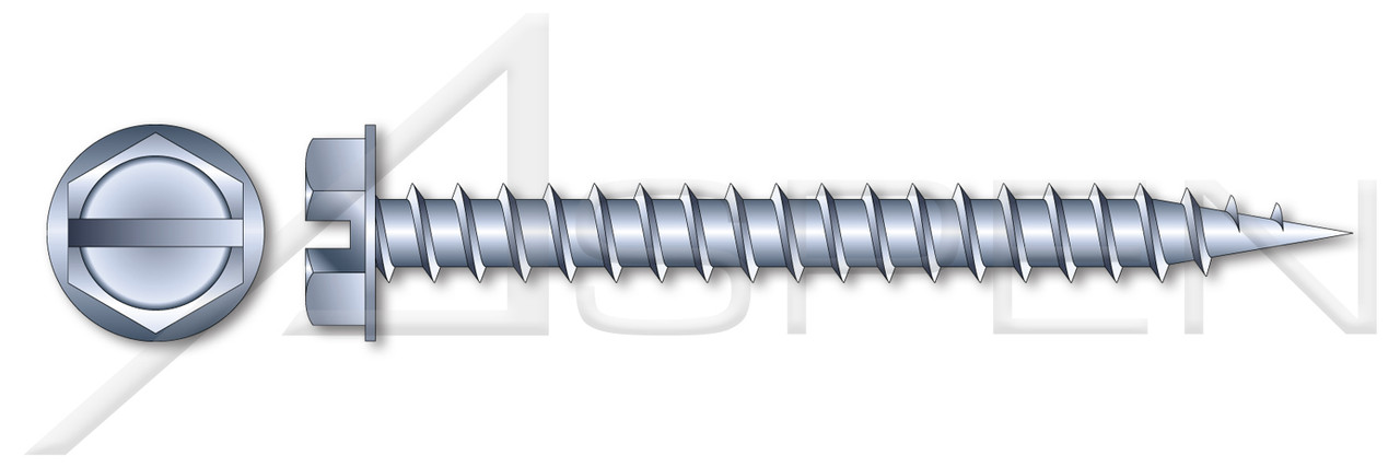 #10-12 X 2" Needle Point Self Piercing Screws, Indented 5/16" Hex Washer Head with Slotted Drive, Zinc Plated Steel