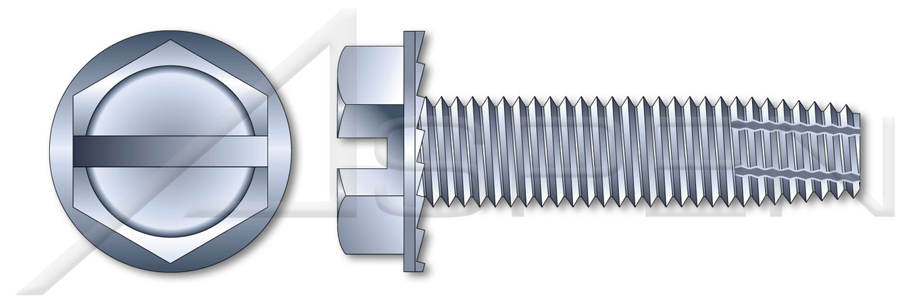 1/4"-20 X 1-1/2" Type F Thread Cutting Screws, Indented Hex Washer Head with Slotted Drive and Locking Serrations, Steel, Zinc Plated and Baked