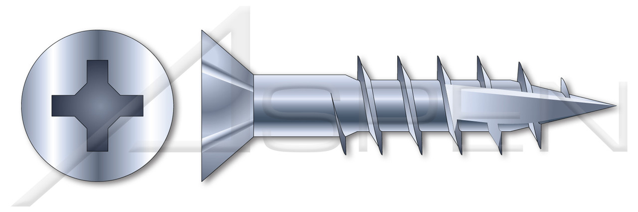 #10-9 X 1-1/4" Wood Screws, Flat Phillips Drive, Nibs Under Head, Type 17 Point, Full Thread, Deep Thread, Steel, Zinc Plated and Baked