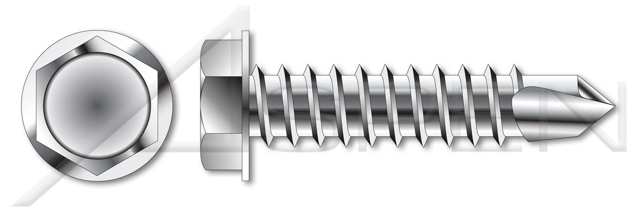 3/8"-12 X 3" Sheet Metal Self Tapping Screws with Drill Point, Indented Hex Washer Head, 18-8 Stainless Steel