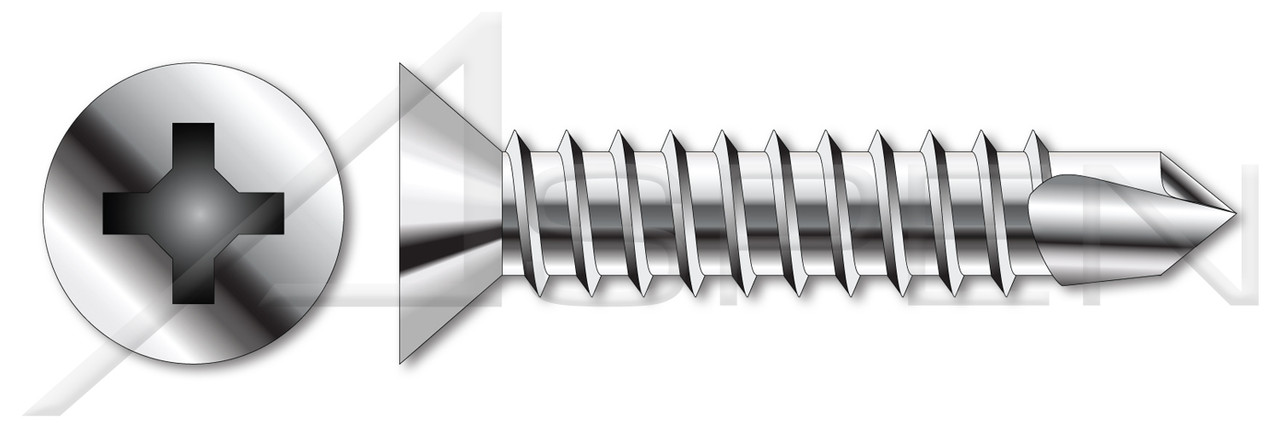 1/4"-14 X 1-3/4" Self-Drilling Screws, Flat Phillips Drive, AISI 304 Stainless Steel (18-8)