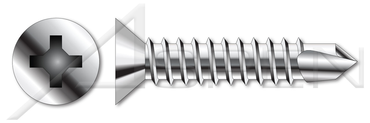1/4"-14 X 4-1/2" Self-Drilling Screws, Flat Phillips Drive, AISI 304 Stainless Steel (18-8)