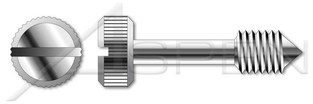 #10-32 X 1-1/2" Captive Panel Screws, Style 1, Knurled Head, Slotted Drive, Cone Point, Stainless Steel