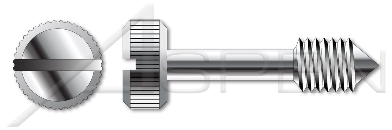 #10-32 X 1-1/8" Captive Panel Screws, Style 1, Knurled Head, Slotted Drive, Cone Point, Stainless Steel