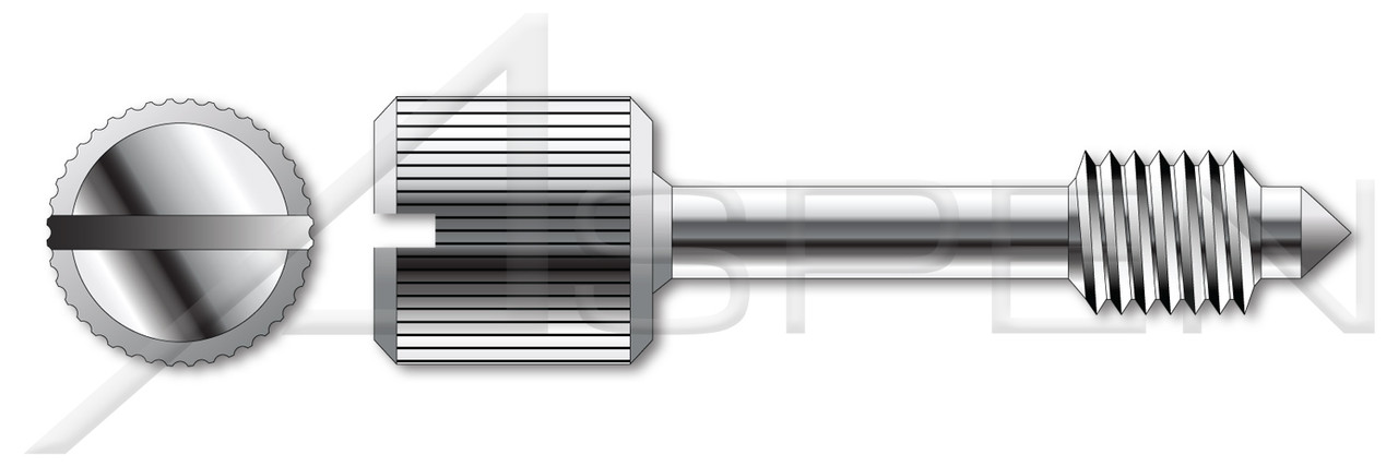 #10-32 X 13/16" Captive Panel Screws, Style 2, Knurled High Head, Chamfered Shoulder, Slotted Drive, Long Dog Cone Point, Stainless Steel