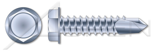 #12-14 X 7/8" Sheet Metal Self Tapping Screws with Drill Point, Indented Hex Washer Head, #4 Self-Drilling Point, Steel, Zinc Plated and Baked