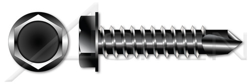 #10 X 1/2" Sheet Metal Self Tapping Screws with Drill Point, Indented Hex Washer Head, Black Oxide Coated Steel