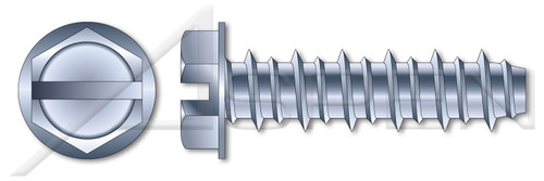 #8 X 1-1/4" Hi-Lo Self-Tapping Sheet Metal Screws, Hex Indented Washer, Slotted, Full Thread, Steel, Zinc Plated