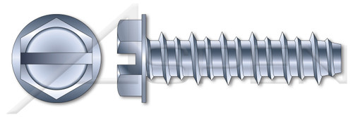#8 X 1/2" Hi-Lo Self-Tapping Sheet Metal Screws, Hex Indented Washer, Slotted, Full Thread, Steel, Zinc Plated