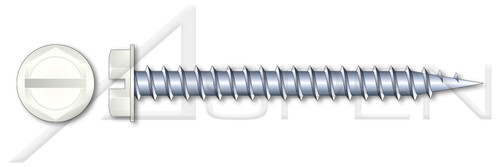 #7-16 X 1/2" Needle Point Self Piercing Screws, Indented 1/4" Hex Washer Head with Slotted Drive, Zinc Plated Steel, Head Painted White #7-16 X 1/2" Needle Point Self Piercing Screws, Indented 1/4" Hex Washer Head with Slotted Drive, Zinc Plated Steel, Head Painted White