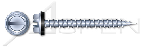 #10-12 X 2-1/2" Self Piercing Screws, Indented Hex Washer Head with Slotted Drive and Sealing Washer, Zinc Plated Steel