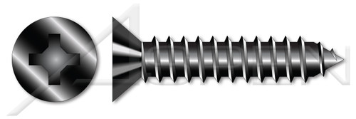 #10 X 1-3/4" Self-Tapping Sheet Metal Screws, Type "AB", Flat Phillips Drive, Steel, Black Oxide