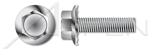 1/4"-20 X 1" Flange Screws, Hex Indented Washer Head, Serrated, Full Thread, AISI 304 Stainless Steel (18-8)