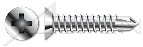 #10 X 1" Self-Drilling Screws, Flat Undercut Phillips Drive, AISI 304 Stainless Steel (18-8)