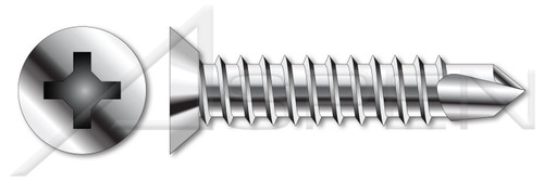 #14 X 1" Self Tapping Sheet Metal Screws with Drill Point, Flat Undercut Head with Phillips Drive, Stainless Steel