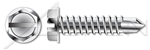 #10 X 3/4" Self-Drilling Screws, Hex Indented Washer, Slotted, AISI 304 Stainless Steel (18-8)