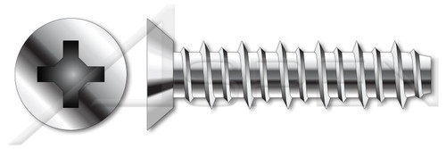 #8 X 1/2" Hi-Lo Self-Tapping Sheet Metal Screws, Flat Undercut Phillips Drive, Full Thread, AISI 410 Stainless Steel