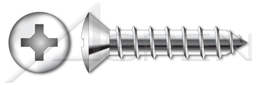 #10 X 2-1/2" Type A Self Tapping Sheet Metal Screws, Oval Countersunk Head with Phillips Drive, Stainless Steel