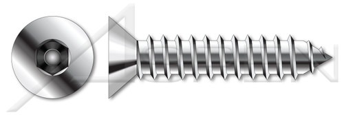#12 X 1-1/2" Self-Tapping Sheet Metal Security Screws, Flat Countersunk Head Tamper Resistant Hex Socket Pin Drive, Type "AB", AISI 304 Stainless Steel (18-8), Includes Driver Bit