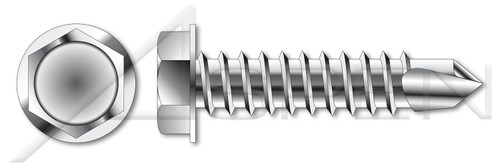 #12 X 1-1/4" Sheet Metal Self Tapping Screws with Drill Point, Indented Hex Washer Head, 410 Stainless Steel