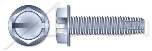 1/2"-13 X 3" Type F Thread Cutting Screws, Indented Hex Washer Head with Slotted Drive, Steel, Zinc Plated and Baked