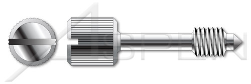 1/4"-20 X 1" Captive Panel Screws, Style 2, Knurled High Head, Chamfered Shoulder, Slotted Drive, Long Dog Cone Point, Stainless Steel