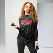 Big Dog Motorcycles black and gray Camo unisex logo jersey on a woman laired as streetwear