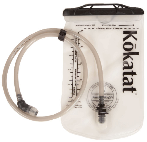 Kokatat-branded Hydrapak Elite 1.5-liter hydration reservoir with a black zippered top seal, measurement markings on the semi-clear plastic body, and an attached flexible drinking hose with bite valve