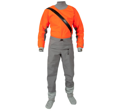 SuperNova Angler Semi-Dry Suit (Hydrus 3.0) in Tangerine, front view. @Tangerine-1